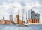 Preview: Postkarte DIN-A6 Aquarell Maritim Kunst Druck Kunstdruck Nordsee Hamburg Segelschiff Elbphilharmonie - HH5